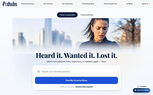 Screenshot of PodSubs — Podcast Links and Email Subscriptions
