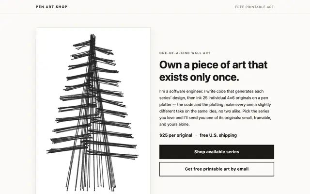 Screenshot of Pen Art Shop — own a one-of-a-kind pen-plotted original, $25
