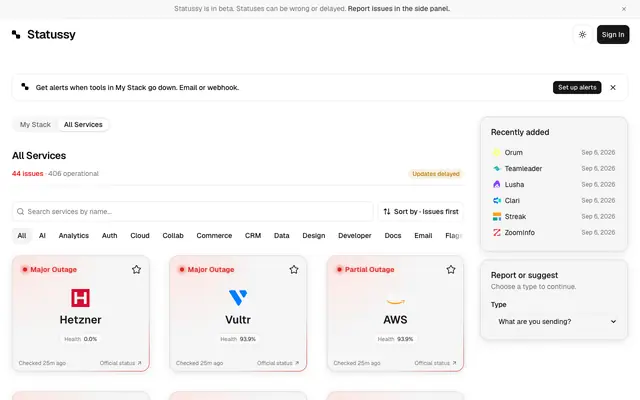 Screenshot of Statussy | Live status for the tools you use