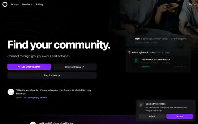 Screenshot of Free Meetup Alternative — Find Events & Build Communities | Radius