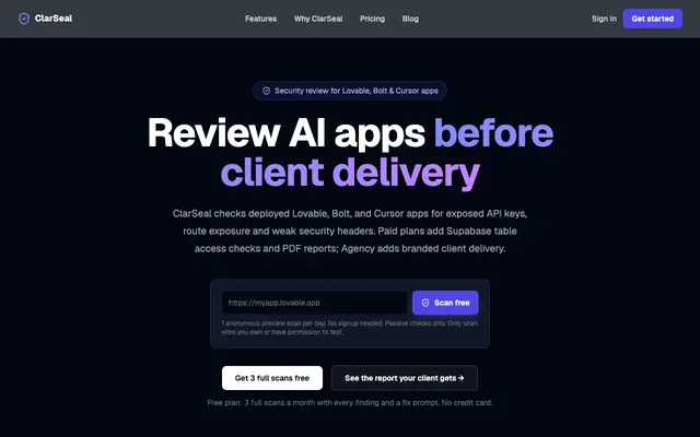 Screenshot of Security Scanner for AI-Built Apps | ClarSeal