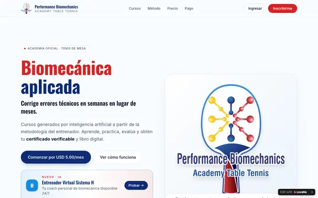 Screenshot of Performance Biomechanics Academy Table Tennis