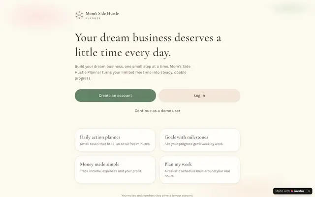 Screenshot of Mom's Side Hustle Planner — Plan your business in small steps