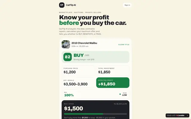 Screenshot of CarFlip AI — Know Your Profit Before You Buy the Car