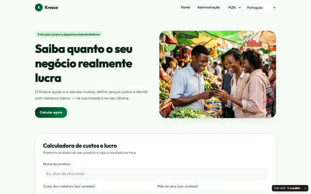 Screenshot of Kresce — Custos e lucros do seu negócio
