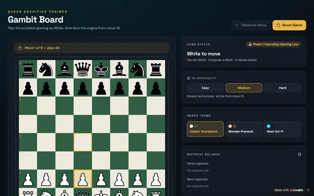 Screenshot of Gambit Board — Queen Sacrifice Chess Trainer