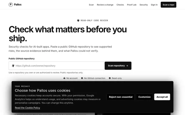 Screenshot of AI Code Security Scanner for GitHub | Pallos Agent