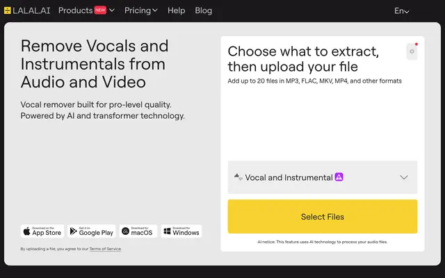 Screenshot of AI Vocal Remover & Instrumental Isolator | LALAL.AI