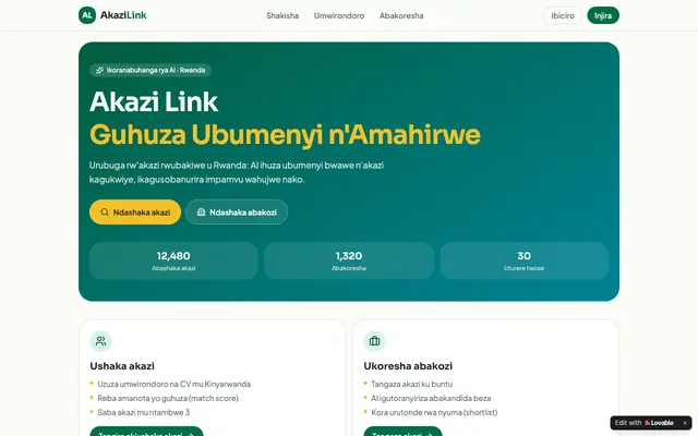 Screenshot of Akazi Link — Guhuza Ubumenyi n'Amahirwe