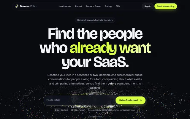 Screenshot of SaaS Idea Validation & Market Research | DemandEcho