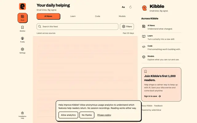 Screenshot of Kibble — Small bites. Big signal.