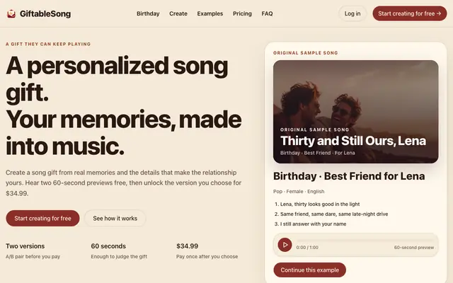 Screenshot of Personalized Song Gift — Your Memories in Music | GiftableSong