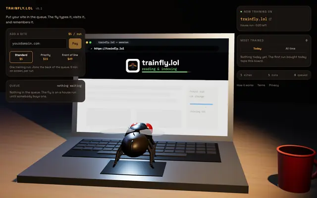 Screenshot of trainfly.lol — train a fly on your site