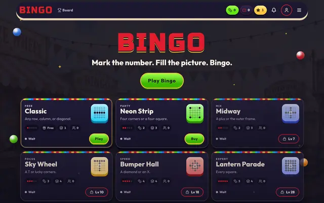 Screenshot of Bingo — Live halls. Mark the number. Shout Bingo.