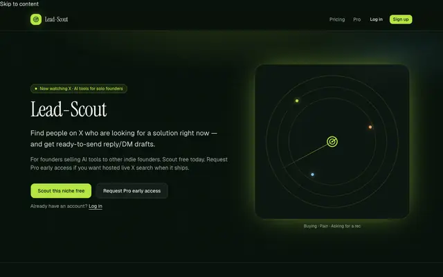 Screenshot of Lead-Scout — Find buying signals on X