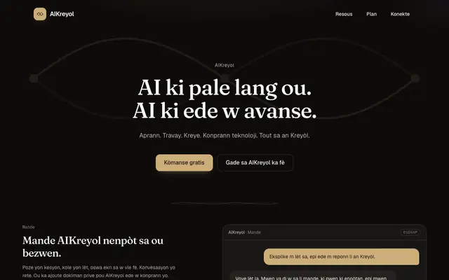 Screenshot of AIKreyol — AI ki pale lang ou. AI ki ede w avanse.