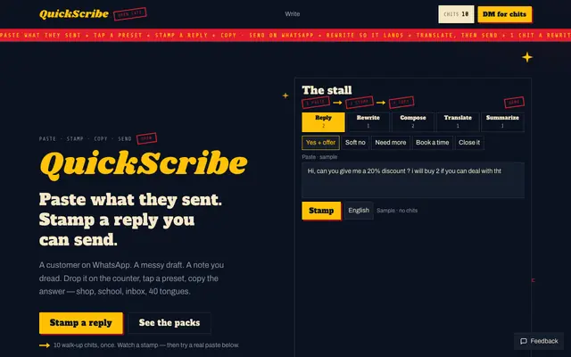 Screenshot of QuickScribe — Open late. Paste. Stamp.