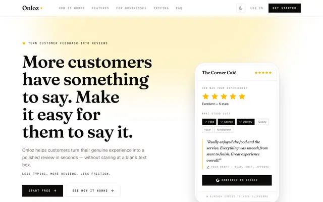 Screenshot of Onloz — Turn customer feedback into reviews