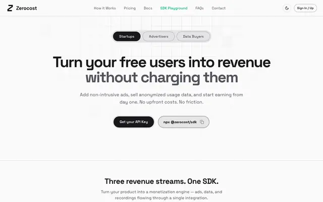 Screenshot of App Monetization Platform for AI Apps and SaaS | Zerocost