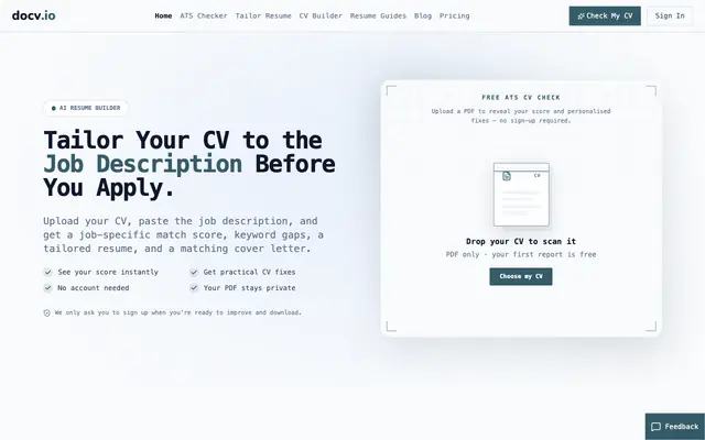 Screenshot of DoCV — AI CV & Resume Builder for Job Applications