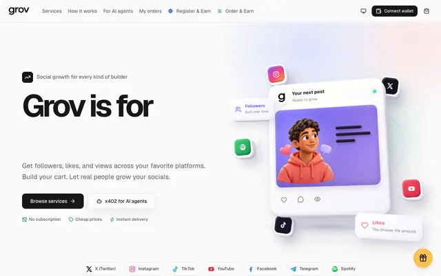 Screenshot of grov, social media growth for people and AI agents