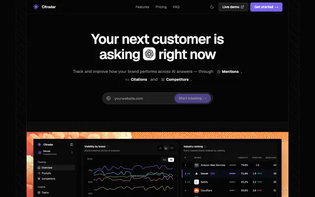 Screenshot of Citradar - AI visibility tracking for your brand