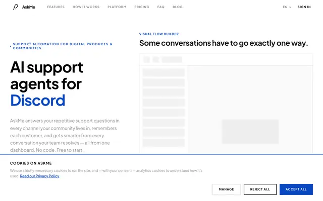 Screenshot of AskMe — AI Support Agent for Discord, Telegram, Slack, WhatsApp & Web Chat