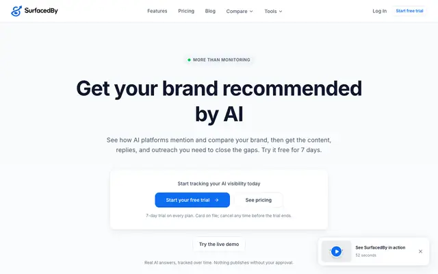 Screenshot of SurfacedBy - Track & Improve Your AI Search Visibility