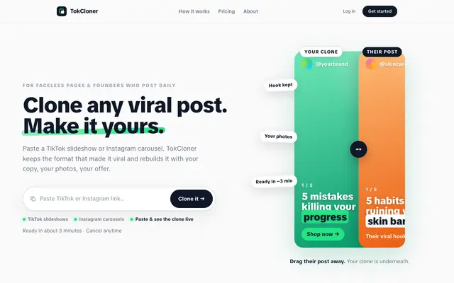 Screenshot of TokCloner — Clone viral posts for your business