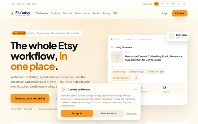 Screenshot of Fixedsy - The whole Etsy workflow, in one place.