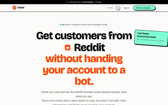 Screenshot of Radar — find Reddit customer threads without account automation