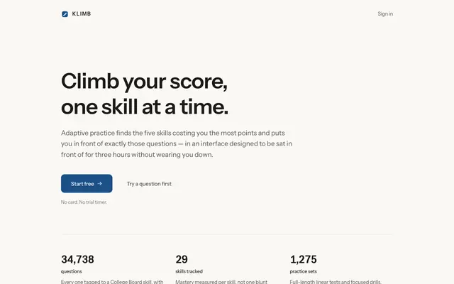 Screenshot of KLIMB — SAT preparation