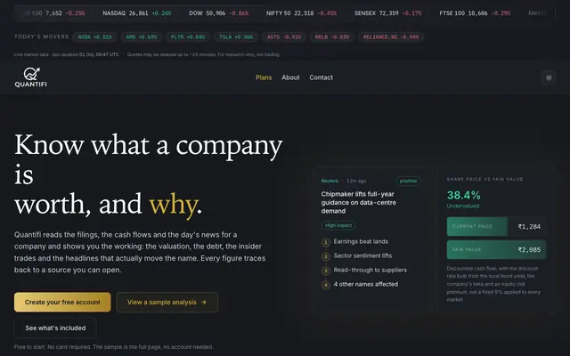 Screenshot of Quantifi · Stock Research, Portfolio Analysis & Market Theme Intelligence