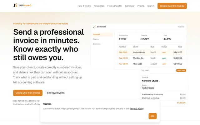 Screenshot of justIssued — invoices for solo operators
