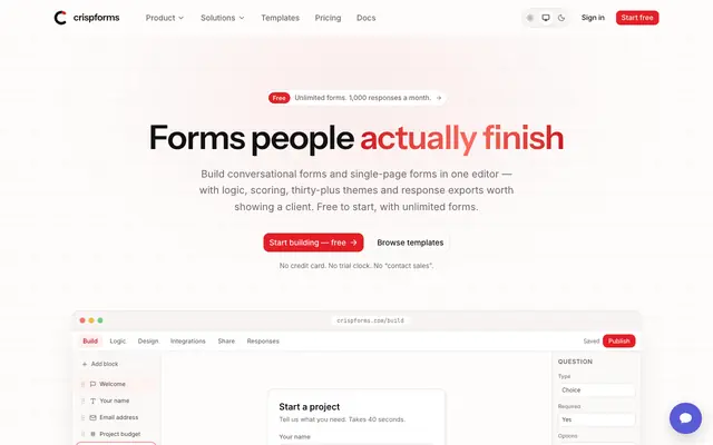 Screenshot of CrispForms — Forms people actually finish — CrispForms