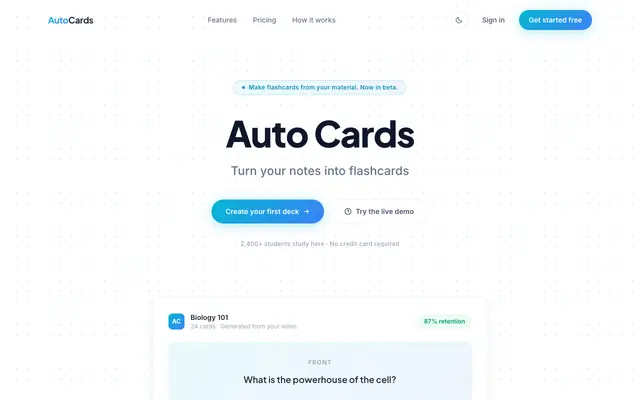 Screenshot of Auto Cards: Turn your notes into flashcards