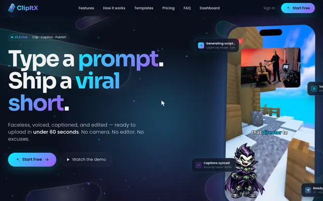 Screenshot of ClipItX — Turn Prompts into AI Shorts