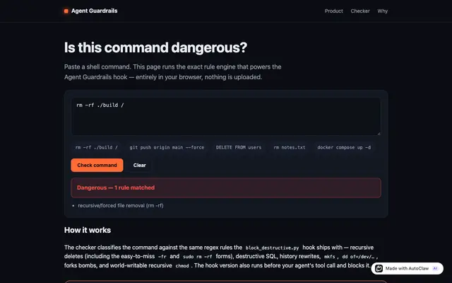 Screenshot of Dangerous Bash Command Checker — Agent Guardrails