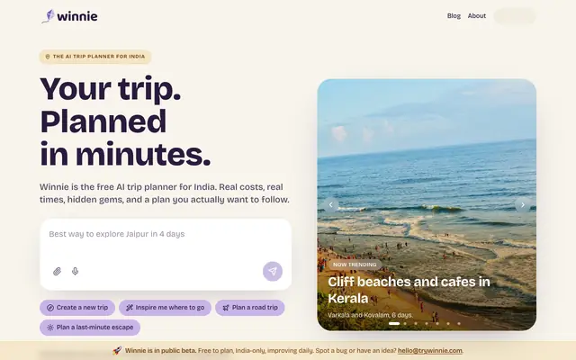 Screenshot of Winnie: AI Trip Planner for India
