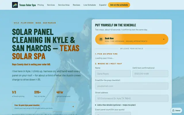 Screenshot of Solar Panel Cleaning Kyle & San Marcos TX | 1/3 the Price