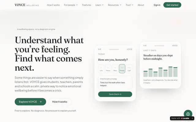 Screenshot of VOYCE — Understand what you're feeling. Find what comes next.