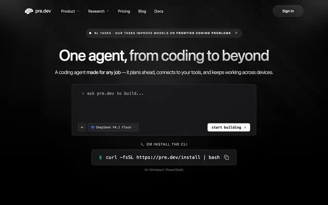 Screenshot of pre.dev | The coding agent built for long-horizon tasks