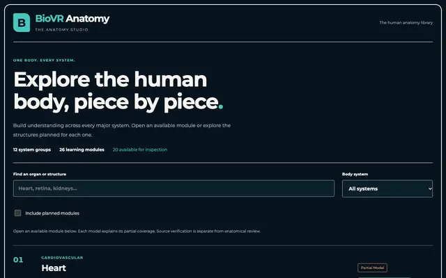 Screenshot of BioVR Anatomy — Anatomy library