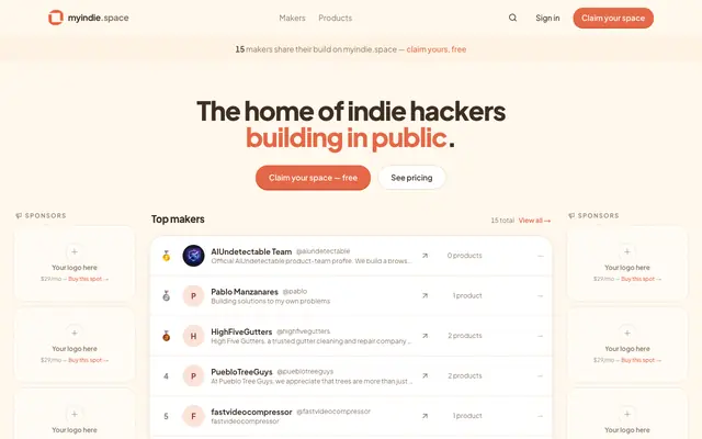 Screenshot of MyIndieSpace — The home of indie hackers building in public