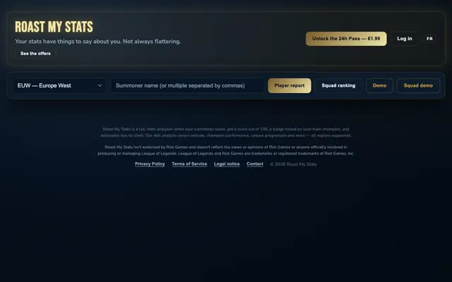 Screenshot of Roast My Stats — Free League of Legends Stats Analyzer