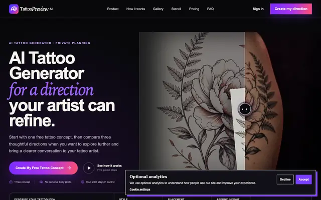 Screenshot of AI Tattoo Generator: Ideas, Stencils & Placement