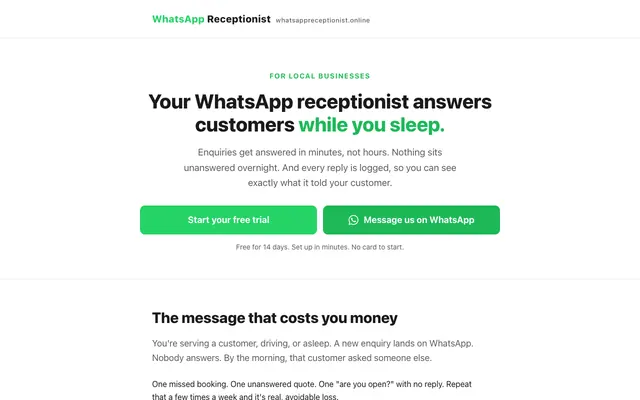 Screenshot of WhatsApp Auto Reply for Business — Never Miss a Customer. AI Receptionist UK | W