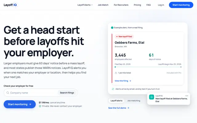 Screenshot of Layoff IQ - Layoff Alerts, WARN Notices & Job Matching