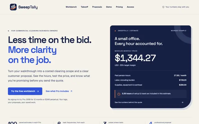 Screenshot of SweepTally — Clearer Cleaning Bids. Less Admin.