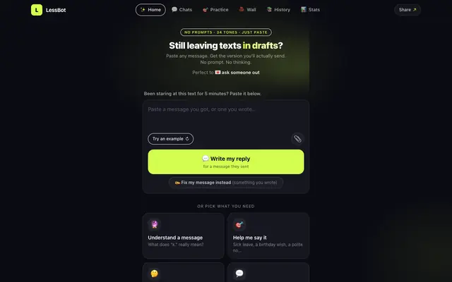 Screenshot of LessBot — no prompts. Just paste.